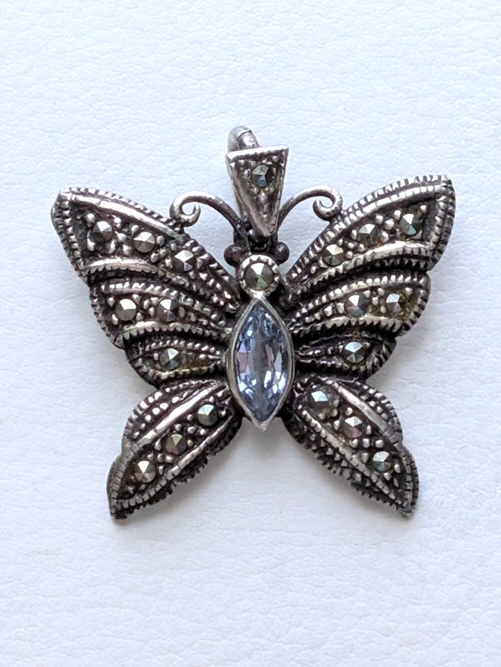 Vintage Sterling Silver 925 Blue Topaz Marcasite Butterfly Pendant Charm